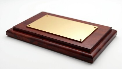 Mahogany award plaque with blank gold plate. Award symbol represents achievement success recognition victory excellence, corporate business. Reward for accomplishment honour gratitude, celebration.