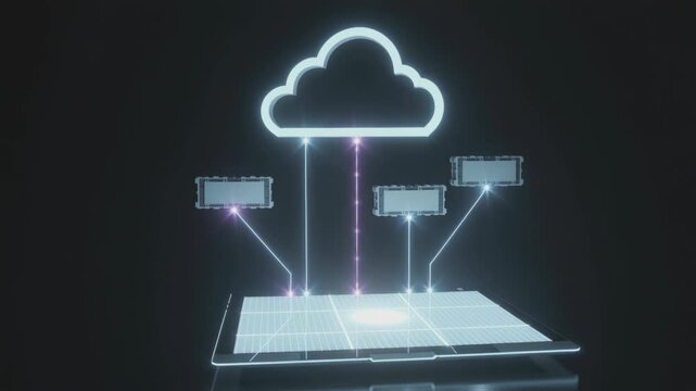 Cloud computing hologram with laptop and service blocks. Abstract digital platform network with data transfer lines for software deployment concept on dark background.