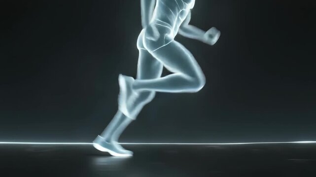 Running athlete hologram glowing with neon cyan light. Abstract digital runner with speed streaks for sport and performance concept on dark background.
