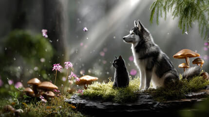 Siberian husky and little black cat observe a mystical forest filled with vibrant flowers and magical light in early morning