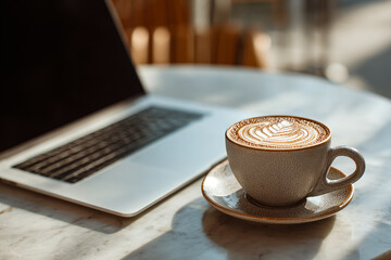 Warm cup of latte art beside a laptop on a cozy table in a sunlit cafe during the morning hours