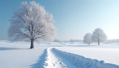 Obraz premium White winter trees stand in a snowy field under a clear blue sky. A winding snow covered path leads through the serene, empty landscape. Bare branches are frosted with ice. Season, nature, cold.