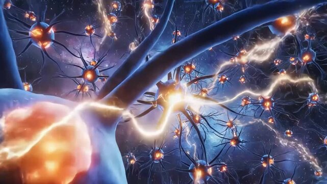 Abstract visualization of interconnected neurons firing electrical impulses in deep space