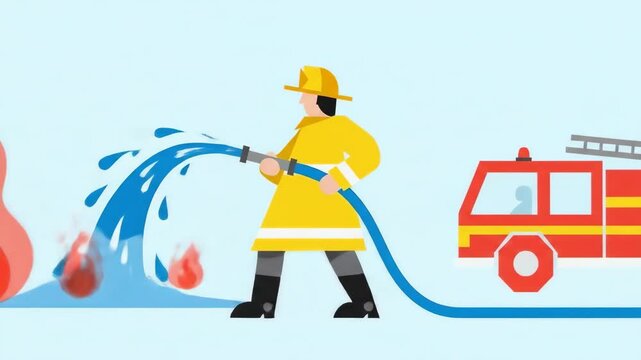 Animated Firefighter in Uniform Extinguishing a Fire with Hose.