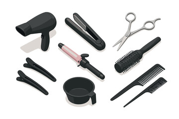 Obraz premium Essential hair styling tools: dryer, straightener, curler, comb, clips, scissors, brush