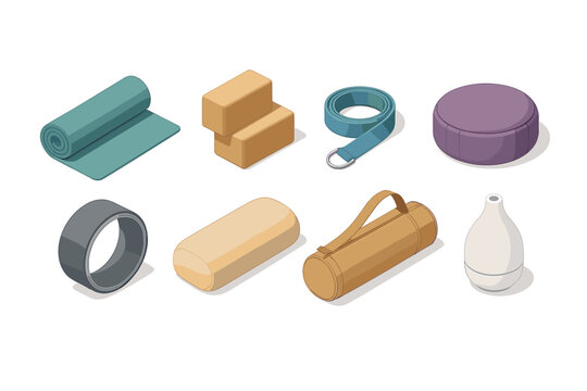 Essential yoga equipment set: mat, blocks, strap, wheel, pillow, bag, cushion, bottle