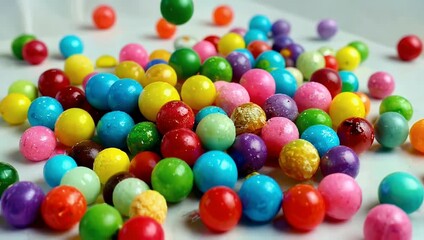 Sweet 4K slider shot captured from a top down view focusing on a large heap of multi colored dragees glazed bonbon candies perfect for showcasing these sweet treats desserts snacks and various