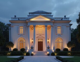 Obraz premium Large mansion with classical architecture illuminated at dusk. Grand entrance with columns and arched windows. Manicured gardens surround luxury estate. Elegant home exterior at twilight.