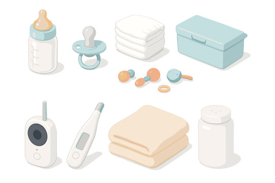 Baby essentials collection: bottles, pacifiers, diapers, thermometer, monitor, towels