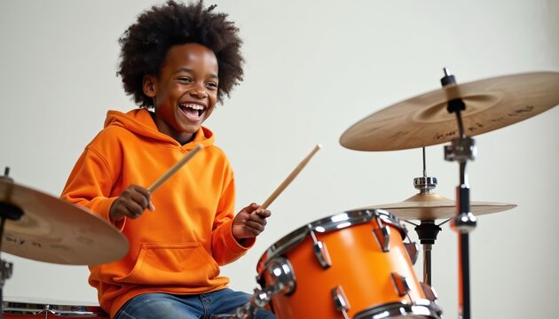 Joyful young african american boy laughs while playing drums. He holds drumsticks in his hands, actively drumming in studio. Boy wears orange hoodie, practices musical instrument with enthusiasm, fun.