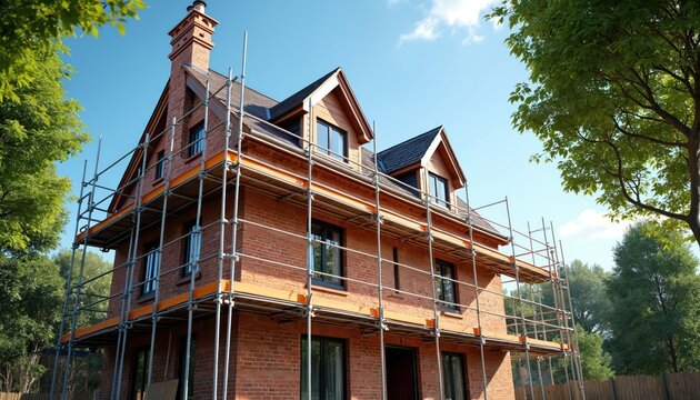 Brick house on reconstruction with scaffolding. New second story addition reinforces existing structure. Construction workers involved in building project on residential property. Image shows home