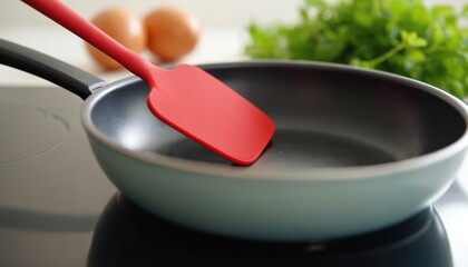 Red silicone spatula rests on edge of non-stick frying pan. Ready for cooking food on kitchen stovetop. Ingredients like eggs and greens are blurred in background.