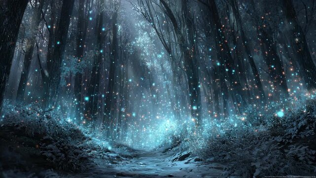 Ultra HD Enchanted winter forest path with glowing blue and orange fireflies or magical lights at night video