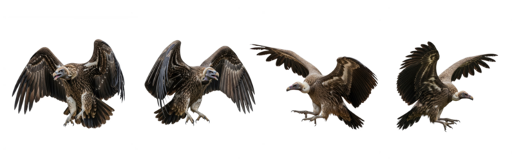 Set Of Griffon Vulture Flying in various poses isolated on transparent background, Gyps fulvus, Vulture PNG