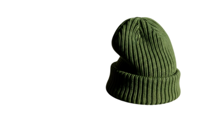 Closeup of a ribbed knit green beanie hat, with folded cuff, cutout, PNG isolated on white or transparent background