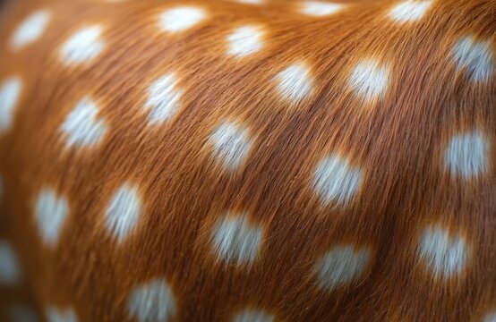 Fallow deer fur close up showing brown coat with white spots. The animal pelt has soft textured hair detail. Natural pattern on wild mammal skin is visible.