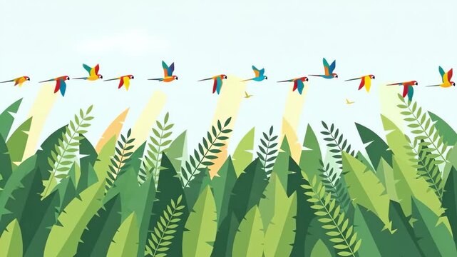 Animated Flock of Colorful Parrots Flying Over Tropical Jungle.