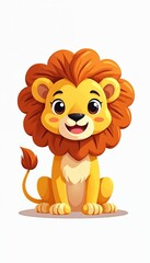 Fototapeta premium Cute cartoon lion cub sits happily. Friendly feline character has large eyes and fluffy mane. Adorable wild animal illustration, suitable for children themes and educational content. Isolated.