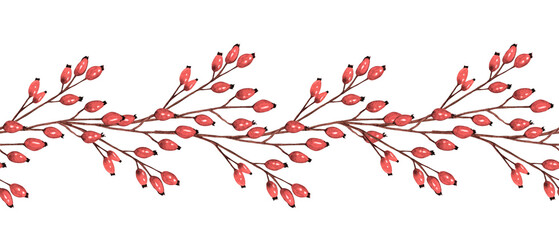 Seamless garland with red berries. Watercolor illustration of Seamless Border with red berry branch. Cranberry, cowberry, rose hip. Autumn rose hip for patterns, prints and greeting cards