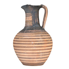 Ancient ceramic jug with intricate striped patterns.