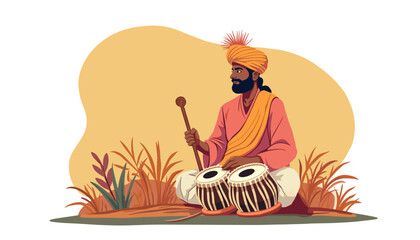 Indian man playing tabla drum in a serene outdoor environment