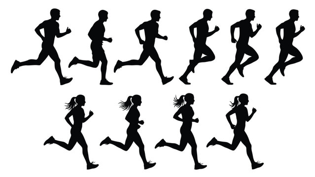 Silhouettes of men and women running on white background