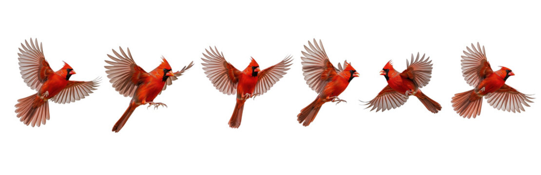 Set of Northern Cardinal in various poses isolated on transparent background, Cardinalis cardinalis. PNG