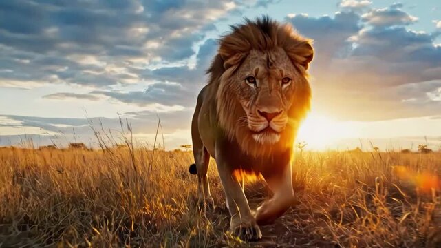 Majestic male lion walking through tall grass at sunset in the savanna