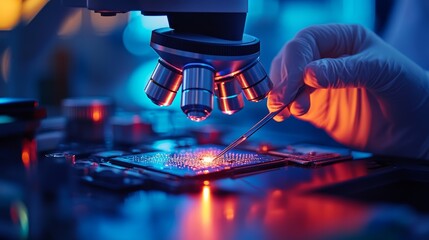 Close-up of laboratory scientist using microscope with glowing sample under lens, science research, innovation, medical discovery, biotechnology, modern laboratory and advanced medical analysis.