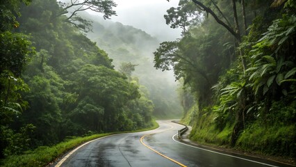 Ground-level cinematic shot of a mountain-bound forest route emerging from deep jungle foliage, smooth engineered curve leading upward into cloud-kissed terrain; rich green vegetation, untouched