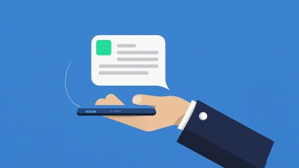 Flat design illustration of human hand holding a smartphone with incoming message bubble on screen, mobile communication, online chat, social media connection, internet messaging, modern technology