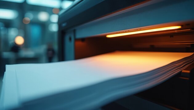 Modern document scanner rapidly processes paper stack creating digital files. Office automation improves business workflow. Tech converts hard copy to digital data for storage access. - Powered by Adobe