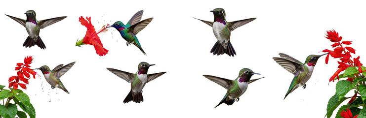 Naklejka premium Set Of A colorful hummingbird Flying In various poses isolated on transparent background, Hummingbird, PNG