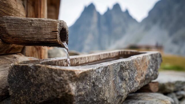 Ultra HD Fresh mountain water flowing from a rustic wooden spout into a carved stone trough, with blurred peaks in the background video