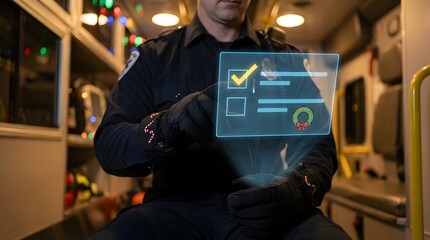 Paramedic using digital checklist interface inside ambulance, emergency medical technology and healthcare concept.