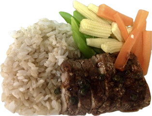 Thai jasmine brown rice with pork stir fried and vegetables , Thai spicy dish on isolated background 