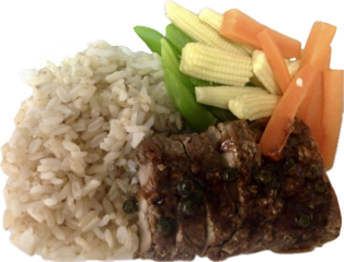 Thai jasmine brown rice with pork stir fried and vegetables , Thai spicy dish on isolated background 