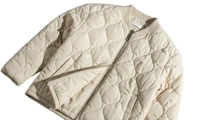 Light beige quilted puffer jacket, with full front zipper and elastic cuffs, cutout, PNG isolated on white or transparent background