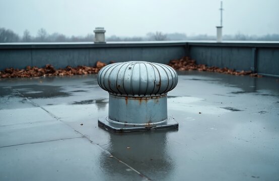 Rusty turbine vent on wet flat roof of industrial building. Ponding water on roof near debris pile. Overcast sky adds moody atmosphere. Building ventilation system.