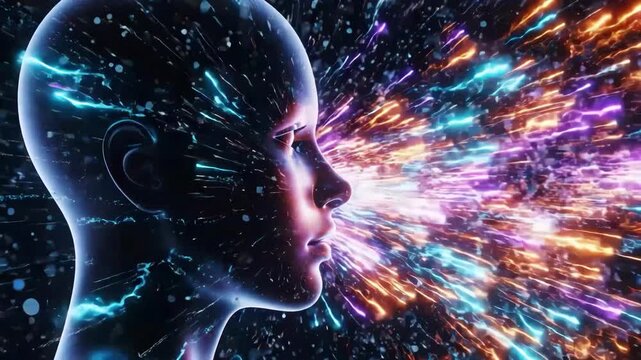 Profile of a futuristic human head with colorful energy burst from eyes