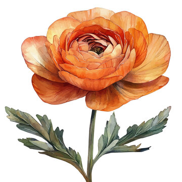 Ranunculus Flower, illustration watercolor artwork with subtle gradients and elegant contours, isolated on a white background.