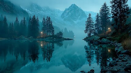Cinematic fog over still mountain lake pictures
