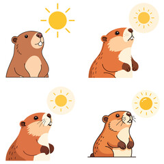 Groundhog looking at the sun in various poses with sunshine, Groundhog Day, transparent background, isolated, vector  