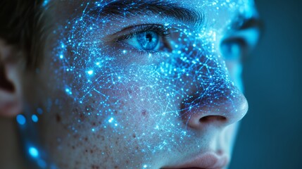 Close-up side portrait of young man guy, glowing blue network of digital points across his skin, artificial intelligence, biometrics, cyber technology, innovation, identity scanning futuristic systems