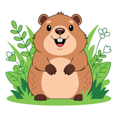 Cheerful groundhog smiling while sitting in lush green garden, Groundhog Day, transparent background, isolated, vector  