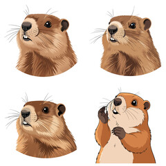 Groundhog looking curious in four different poses and expressions, Groundhog Day, transparent background, isolated, vector  