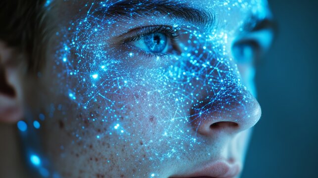 Close-up side portrait of young man guy, glowing blue network of digital points across his skin, artificial intelligence, biometrics, cyber technology, innovation, identity scanning futuristic systems - Powered by Adobe