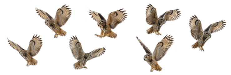 Set Of Flying Owl isolated, Turkmenia Eagle owl, owl flying in various poses PNG
