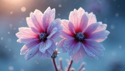 Two delicate pink flowers covered in frost and ice crystals bloom in winter. Soft light illuminates delicate petals with water droplets. Gentle scene displays nature resilient beauty.