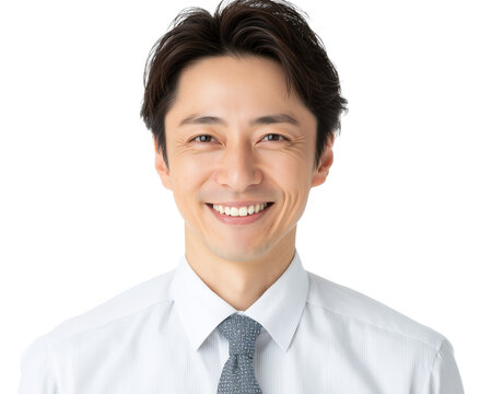 Smiling Japanese businessman looking at the camera isolated on a transparent png background.